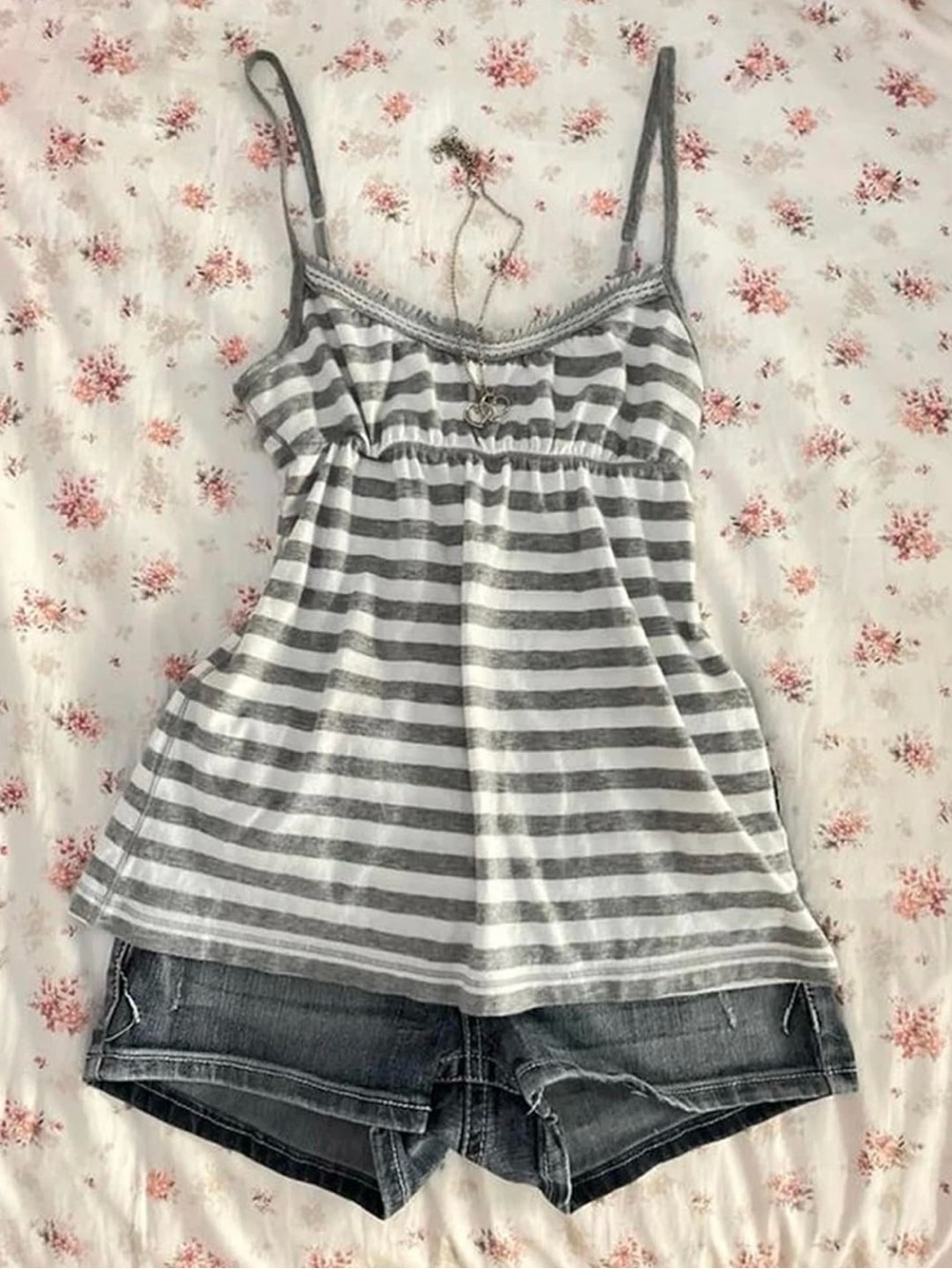 Women’s Y2K  Gray & White Striped Spaghetti Tank Top